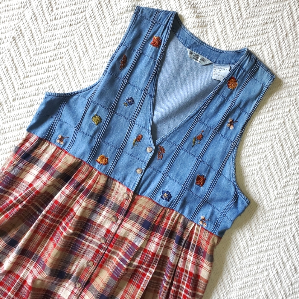 Vintage fall leaves embroidered denim and plaid jumper dress 2X